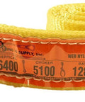2-inch nylon lifting sling, 6 ft long, yellow with flat eye ends and orange capacity label 6400/5100/12800 lb.