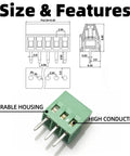 Technical drawing and close-up of a connector from 54 Piece PCB Screw Terminal Block Kit With 2.54mm Pitch 0.1 Inch Connectors 2P 3P 4P 5P For Circuit Boards Includes Screwdriver Perfect For DIY Electronics Projects And Prototyping 150V 6A.