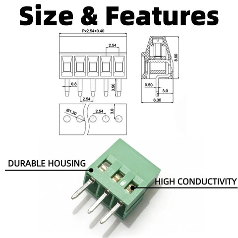 Technical drawing and close-up of a connector from 54 Piece PCB Screw Terminal Block Kit With 2.54mm Pitch 0.1 Inch Connectors 2P 3P 4P 5P For Circuit Boards Includes Screwdriver Perfect For DIY Electronics Projects And Prototyping 150V 6A.