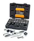 Ratcheting Tap And Die Set, 42 Piece SAE, with five degree swing arc T handle wrenches displayed in open carry case