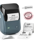 Slick Bluetooth Thermal Label Printer With Included Tape Roll, Zero Ink Headaches Direct Print Tech, Rapid Shipping And Storage Labels, Smartphone Synced Desktop Label Maker In Blue with printed labels.