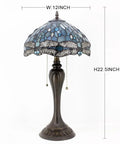 Lit Tiffany Style Sea Blue Dragonfly Stained Glass Table Lamp, 12 Inch Shade, 22 Inch Tall Bedside Desk Reading Light With Antique Green Bronze Base, UL Listed, Pull Chain, LED E26 2700K Compatible, Up To 100W.