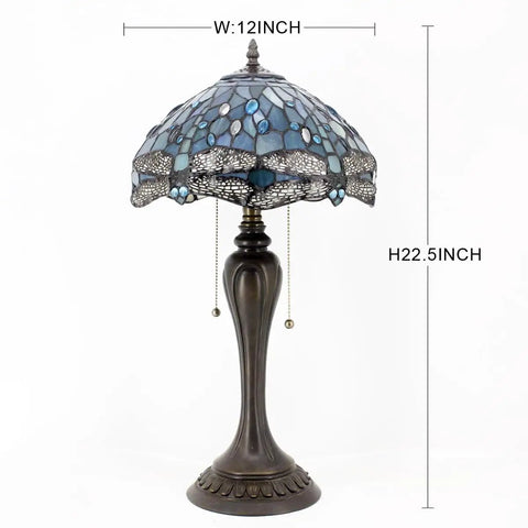 Lit Tiffany Style Sea Blue Dragonfly Stained Glass Table Lamp, 12 Inch Shade, 22 Inch Tall Bedside Desk Reading Light With Antique Green Bronze Base, UL Listed, Pull Chain, LED E26 2700K Compatible, Up To 100W.