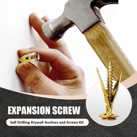 Self Drilling Drywall Anchor Kit With Screws Upgraded Direct Insertion Expansion Fasteners For Drywall Picture Frames And Furniture Twenty Pieces Durable Construction For Quick DIY Mounting And Strong Hold No Pre Drill Required being installed into drywall with a hammer.