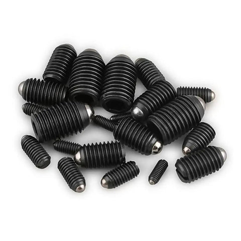 Rock Solid Spring Ball Plungers And Flat Head Screws Built Tough With Rust Resistant Stainless Steel That Takes Heavy Loading Daily And Never Lets You Down Includes M4 To M12 Sizes In A Job Site Ready Thirty Piece Kit, black spring ball plungers in various sizes.