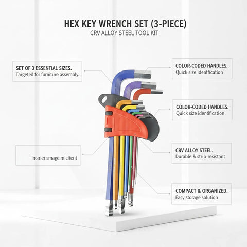 Top Shelf 3-Piece Hex Key Wrench Set Made From Tough Cr-V Steel Includes Color-Coded Handles For Fast Furniture Assembly And Quick Repair Jobs On Any Project You Got. 3-piece hex key set with color-coded handles and CRV alloy steel holder
