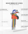 Rock Solid Hex Key Wrench Set That Slaps Every Squirrel Tight On Furniture Assembly And Repair Jobs With A Color Coded Kit That Never Gets Mixed Up For Quick Grab Access When You Need To Fix Stuff Fast. 3-piece CRV alloy steel hex keys with color handles in holder