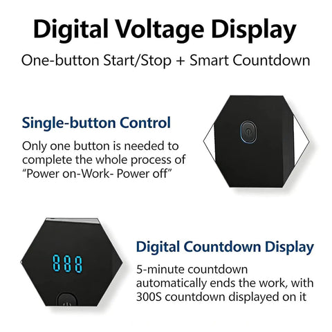 Digital voltage display image showing single-button control and countdown timer for Heavy Duty Portable Ultrasonic Cleaner.