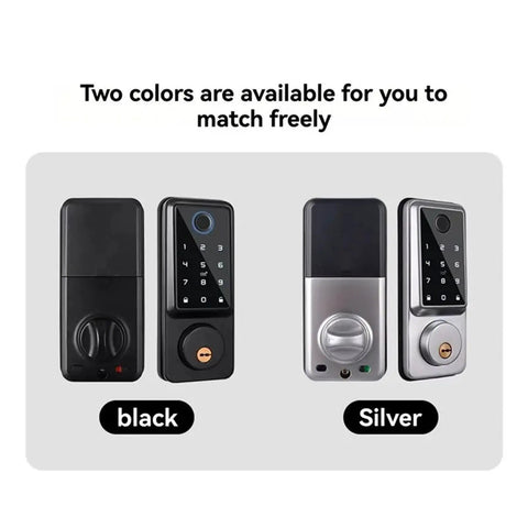 Auto Locking Smart Deadbolt With Touchless Fingerprint Entry And Magnetic Door Sensor Including Lightning Fast Unlocking Bluetooth App Control With Time Limited Guest Keys And Real Time Activity Logs For Total Peace Of Mind in black and silver colors.