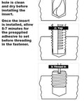 Diagram showing 3-step installation process for Threaded Inserts For Metal 12L14 Carbon Steel, drill, tap, and thread in.