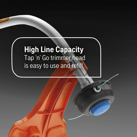 Gas String Trimmer With Tap N Go Head, 22cc 2 Cycle Engine, 17 Inch Curved Shaft shown with close-up of trimmer head.