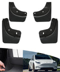 Tesla Model Y Mud Flaps 4Pcs Set No Drill Tire Splash Guards for 2020-2024, black fender protection, shown with installation and car