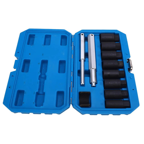 Heavy Duty Impact Lug Nut Removal Socket Kit For Effortless Wheel Lock Extraction Built With Chrome Molybdenum Steel To Bust Rusty Bolts And Stripped Nuts Quickly On Cars Trucks SUVs Boats And Home Projects Without Breaking A Sweat., blue case with 8 impact sockets and adapter
