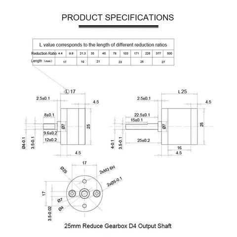 Technical drawing of 25mm planetary gearbox reducer, showing dimensions and specifications for robotics and CNC applications.
