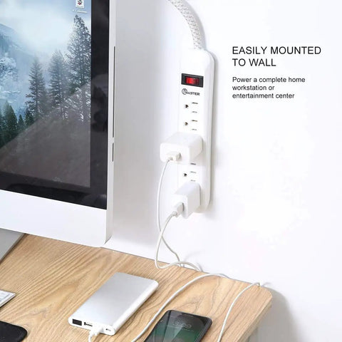 Power Strip Surge Protector With Six Outlets And A Two Foot Braided Fabric Extension Cord 300 Joules Wall Mounted Overload Protection Ideal For Home Or Office Durable Go To Tangle Free Design 2 Pack, mounted next to a monitor with connected devices