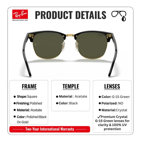 Square Shape Non-Polarized Sunglasses With G-15 Green Lens For Men And Women, acetate frame, polished black finish