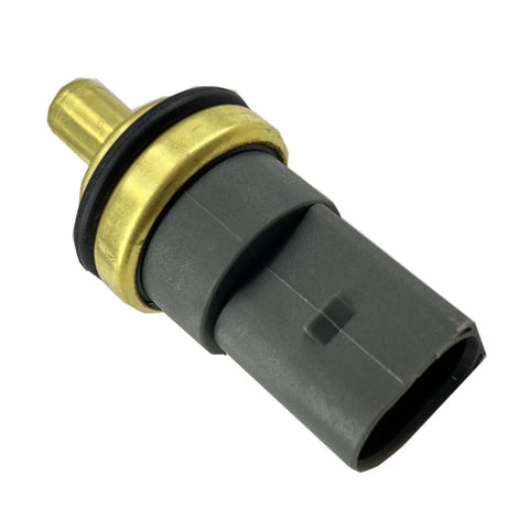 DEVMO coolant temperature sensor with gray plastic housing and brass threaded end; close-up view