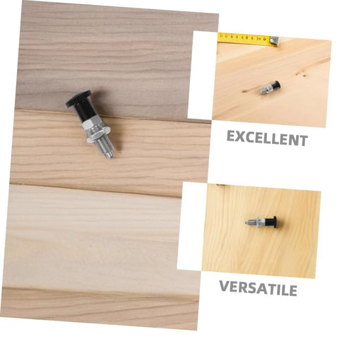 Built Tough Stainless Steel Reset Spring Plunger Featuring Self Locking Control Knob And Rapid Return Indexing Pin on wood background.