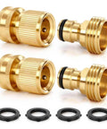 Heavy Duty Solid Brass Garden Hose Quick Connect Set With 3/4 Inch GHT Leak Proof Connectors, 2 Pack, shown with washers