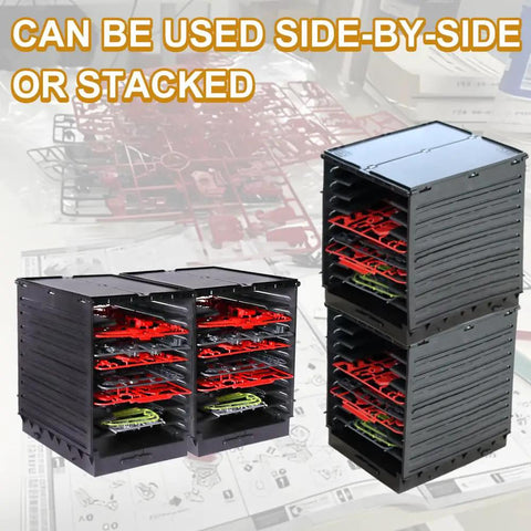 Model Shelf Stand And Plate Organizer For Hobby Kit Builders, Plastic Parts Rack, Tool Storage Caddy For Model Kits And Action Figure Accessories, No Fuss Easy Assembly, PMKJ010 black plastic 1/144 kit organizer stacked or side-by-side