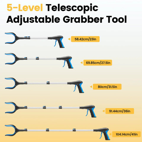 Telescopic Grabber Reacher Tool Five Level Adjustable Length From 23 To 41 Inches Blue Trash Claw Gripper For Litter Pickup Yard Work Senior Friendly Flexible No Bend Pick Up Stick