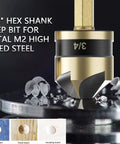 Close-up of 3/4 inch drill bit from Five Piece Countersink Drill Bit Set For Metal With M2 Cobalt Bits, 82 Degree Countersink, Hex Shank