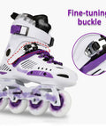 Kids Inline Skates For Beginners With Luminous Wheels, Comfy Breathable Mesh, White Purple Youth Roller Blades, Easy Fit, US Size 8.5, close-up on fine-tuning buckle.