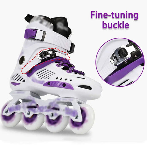 Kids Beginner Inline Skates With Breathable Upper And Luminous Wheels White And Purple Super Comfy Fit For Boys And Girls Easy Glide For Park And Street Size US 5.5 with fine-tuning buckle detail