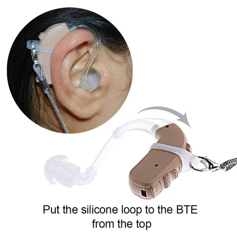 Anti Lost Hearing Aid Clip Lanyard With Adjustable Silicone Loops For BTE Ear Aids shown attached to ear and device