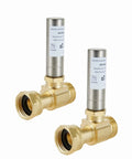 Pack Of 2 S241 Stainless Steel Water Hammer Arrestor For Washing Machine Supply Valves With Three Quarter Inch Swivel FHT And Three Quarter Inch MHT Connections, Heavy Duty Shock Absorber Up To 250 PSI, Installable Horizontally Or Vertically To, showing both arrestors.