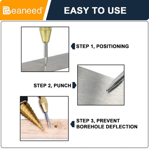 Step-by-step use of Built Tough Automatic Center Punch 2 Pack Spring Loaded Steel Marking Tool for precise marking.