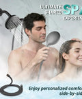 Man and woman using 2-In-1 Shower Head Combo With Water Saving 1.8 GPM Rainfall And Handheld Spray, matte black, in shower