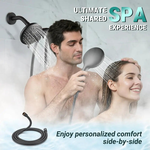 Man and woman using 2-In-1 Shower Head Combo With Water Saving 1.8 GPM Rainfall And Handheld Spray, matte black, in shower