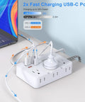 Snag This Game Changing Surge Protector Power Strip With Ten Foot Braided Extension Cord And Six Wide Spaced AC Outlets Plus Dual USB Ports For Plugging All Your Gear Up At The Dorm Or Apartment, showing USB-C ports.