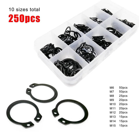 All In One 250 To 500 Piece Retaining Clip Kit Set 5 To 20mm Black 65Mn Steel External C Type Circlips in plastic box