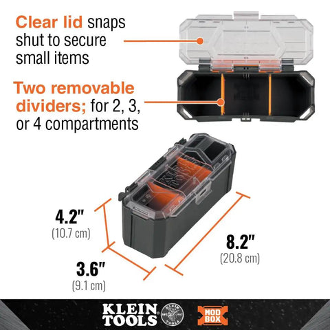 MODbox Parts Bin Rail Attachment for a Modular Tool Storage System with clear lid and two removable dividers.