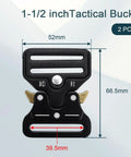 Front view of Two Pack One And A Half Inch Heavy Duty Metal Tactical Belt Buckles For Dog Collars Harnesses Backpacks And Luggage Straps Cobra Clip Replacement Black with measurements.
