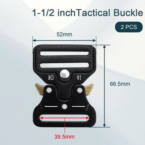 Front view of Two Pack One And A Half Inch Heavy Duty Metal Tactical Belt Buckles For Dog Collars Harnesses Backpacks And Luggage Straps Cobra Clip Replacement Black with measurements.