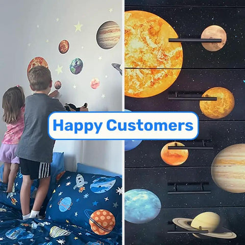 Glow In The Dark Space Wall Stickers Stars And Planets Set For Kids Room Ceiling Decals children enjoying glowing stickers