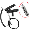 Two Pack Scuba Stage Bottle Rigging Kit For 11-12L Tanks, Sidemount Straps And Clips in black rubber and stainless steel, shown with tank.
