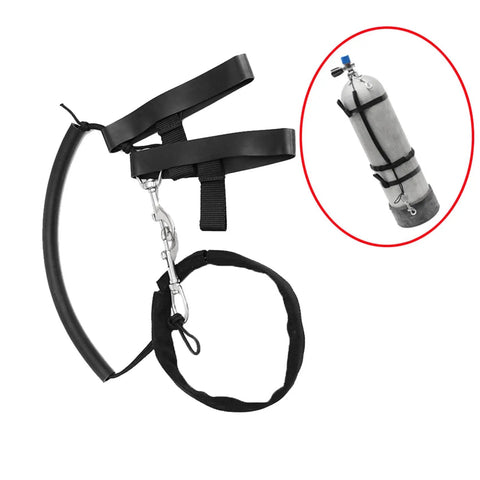 Two Pack Scuba Stage Bottle Rigging Kit For 11-12L Tanks, Sidemount Straps And Clips in black rubber and stainless steel, shown with tank.