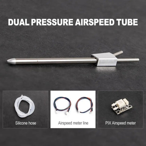 Pro-Grade Airspeed Sensor Kit For RC Drones With Digital Pitot Tube, components spread on black background