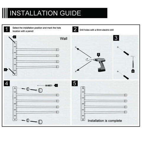 Installation guide for 4 Arm Swivel Towel Bar Matte Black Stainless Steel SUS 304 Wall Mount Towel Rack