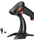 Wireless Barcode Scanner 1D 2D QR With Stand 3 In 1 Bluetooth 2.4G USB Wired Handheld Barcode Reader With Real Time Battery Level Indicator And Vibration Alert Orange in black and orange on stand with USB connectors