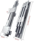 Extra Heavy Drawer Slides For Cabinets Offering Soft Closing Buffer Shock Absorption Dead Silent Cushioning A Smooth Operator Glide No Noise Vibes shown in silver metal with dimensions.