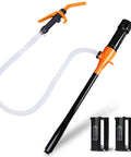 Hella Powerful Battery Fuel Siphon Pump With Slick High Suction Motor For Darn Smooth Gas Oil Water Diesel Transfer And No Drama Portable Operation In Vibrant Orange Color with clear tubing and batteries.