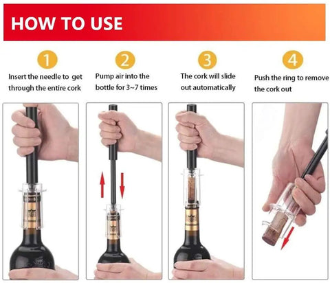 Instructions for Air Pressure Pump Corkscrew Set All In One With Foil Cutter And Aerator Pourer Vacuum Stoppers Four Pack Easy One Hand
