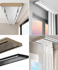 Heavy Duty Ceiling Mount Double Track Sliding Barn Door Hardware Kit Featuring Adjustable White Aluminum Rails And Silky Smooth Rollers mounted above curtains in various colors.