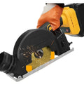 Close-up of Rugged Little Beast Cordless Circular Saw Coupled With Mini Angle Grinder cutting through material, sparks flying.