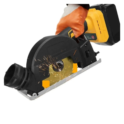 Close-up of Rugged Little Beast Cordless Circular Saw Coupled With Mini Angle Grinder cutting through material, sparks flying.